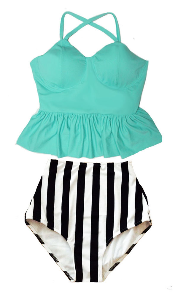 MInt Long Peplum Straps Top and White Black Vertical Stripe Striped ...