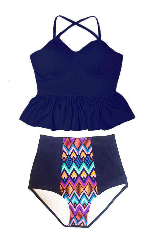 Navy Blue Underwire Long Peplum Top and Aztec Tribute Block High ...